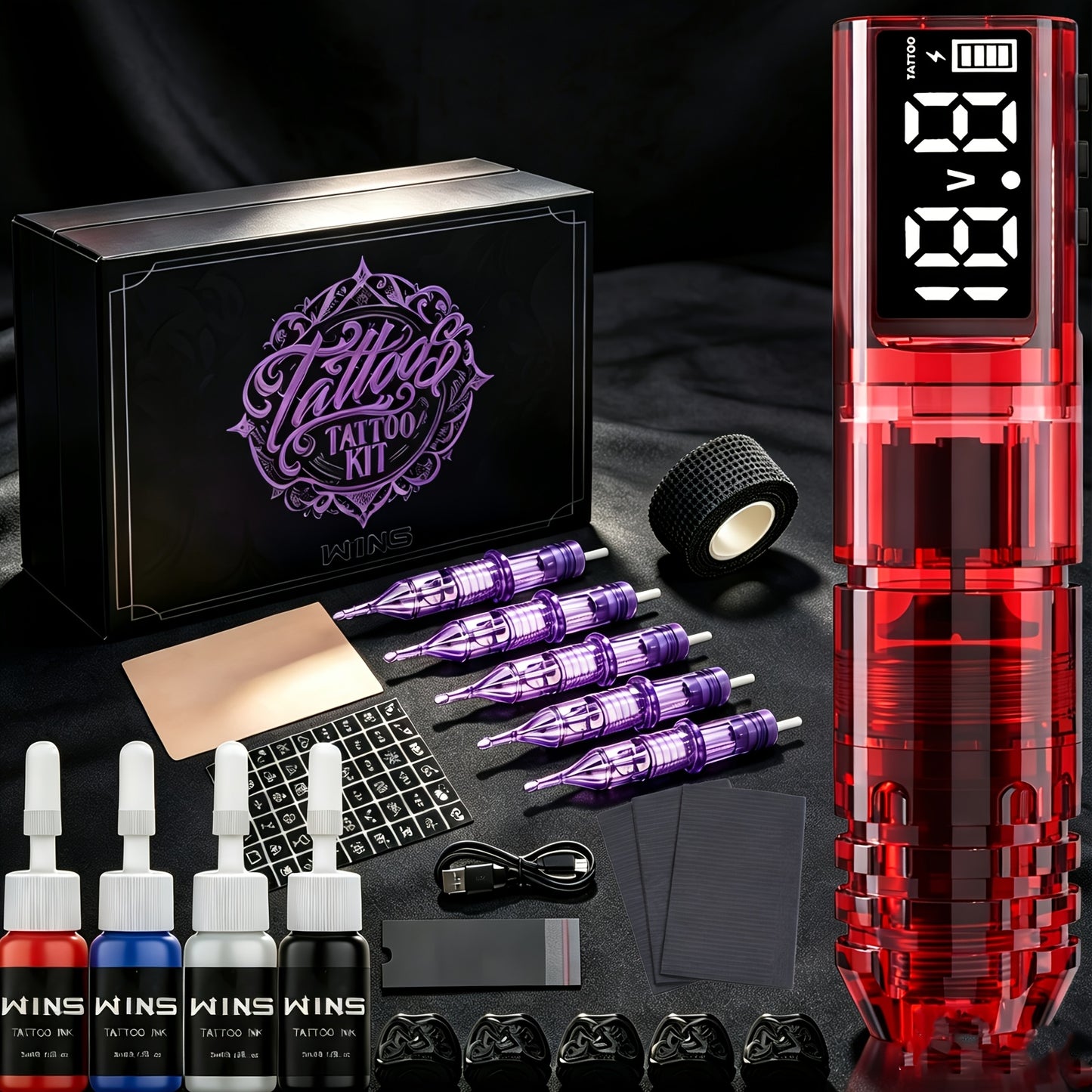 Wireless Tattoo Kit Rotary Pen with Practice Skin Supplies
